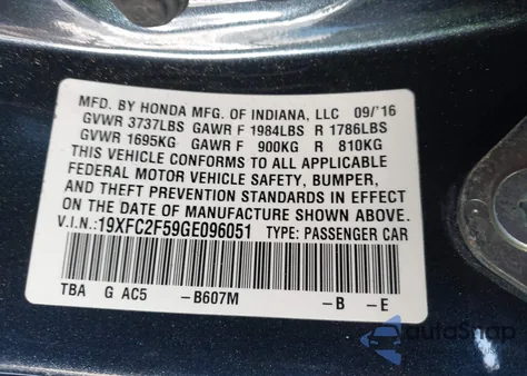 2016 Honda Civic Lx z USA, uszkodzony, nr VIN 19XFC2F59GE096051